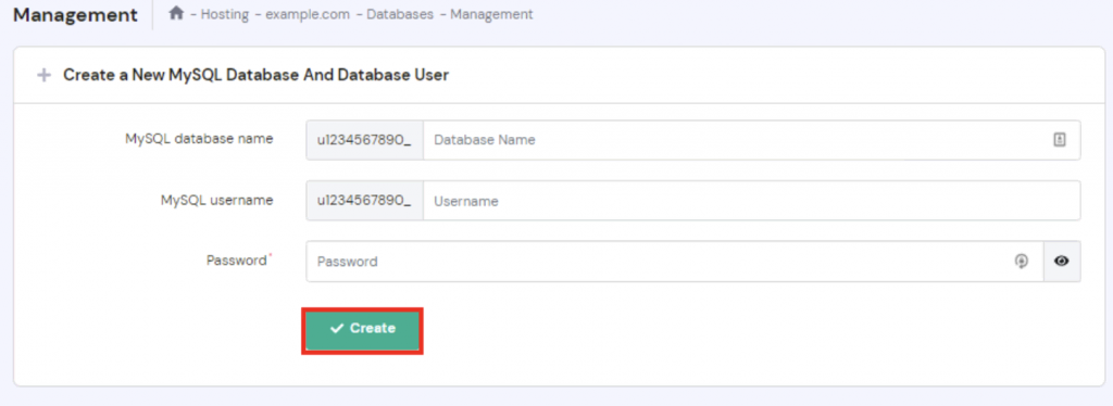 Databases management section in the hPanel with a highlight on the create button