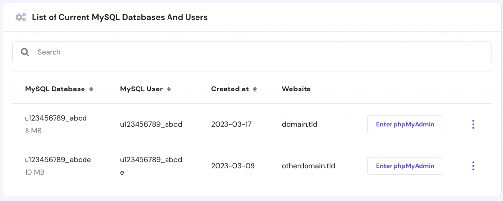 The list of currently created MySQL databases on hPanel