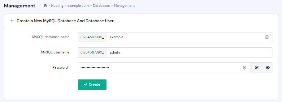 The Databases Management page on hPanel
