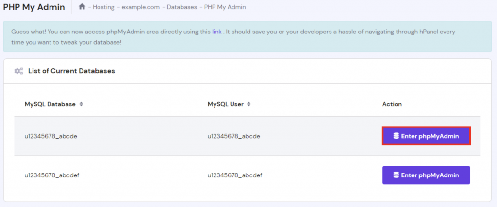 The phpMyAdmin section on hPanel. The Enter phpMyAdmin button is highlighted