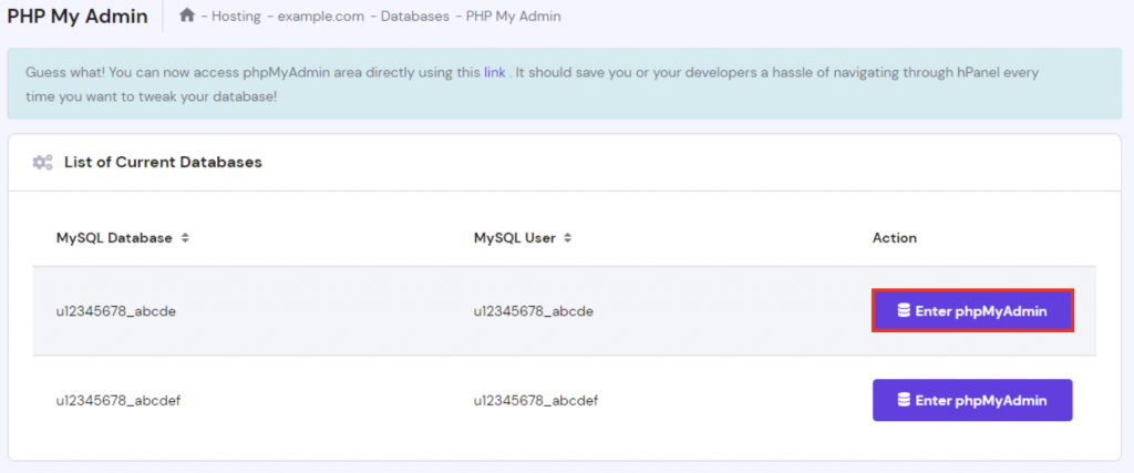 The phpMyAdmin section on hPanel. The Enter phpMyAdmin button is highlighted
