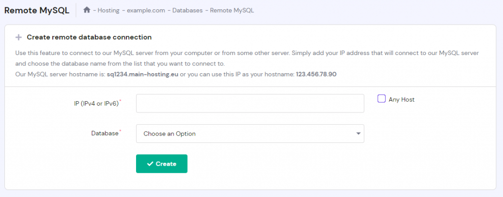 Create remote database connection section on hPanel