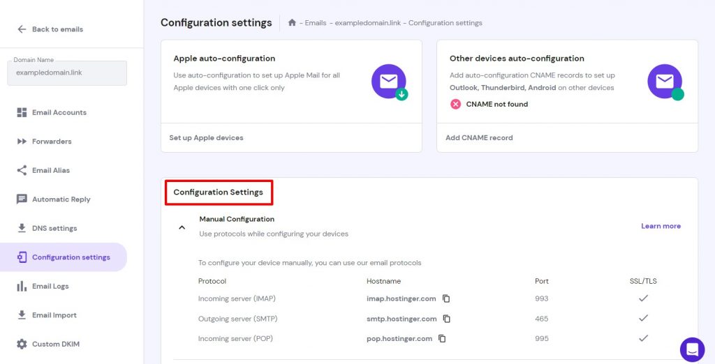 The Configuration Settings option for email on hPanel