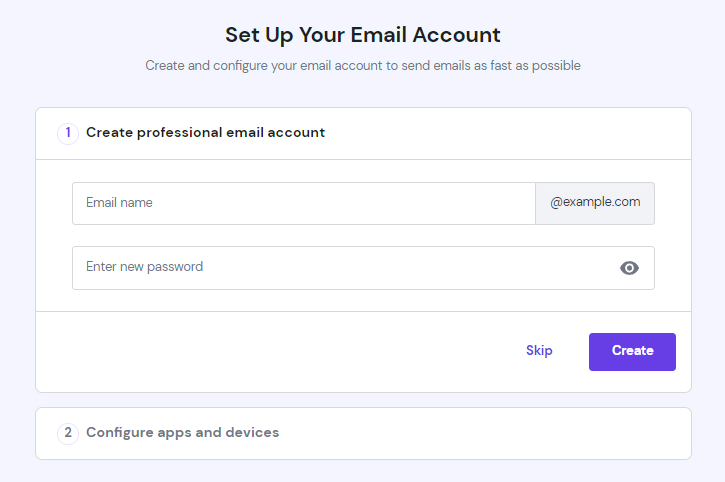 The Set Up Your Email Account form on hPanel.