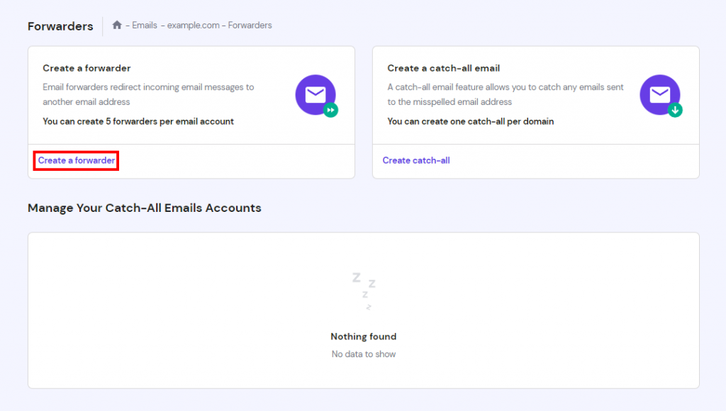 Forwarders section in the hPanel, with "Create a forwarder" button highlighted.