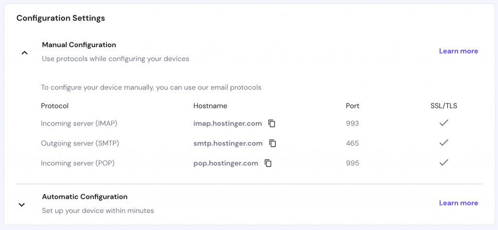 Email manual configuration on hPanel