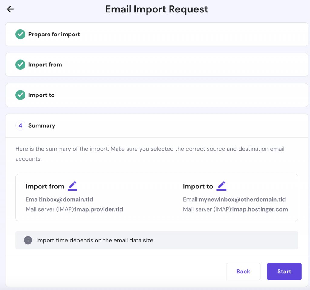Email import request summary