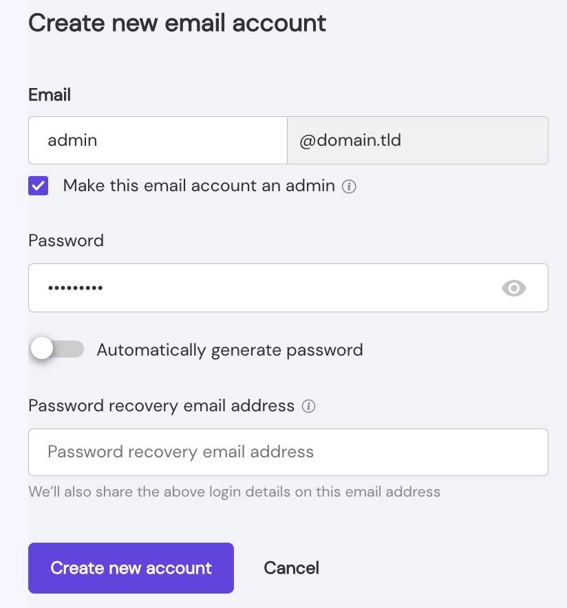 The Create new email account page for Titan