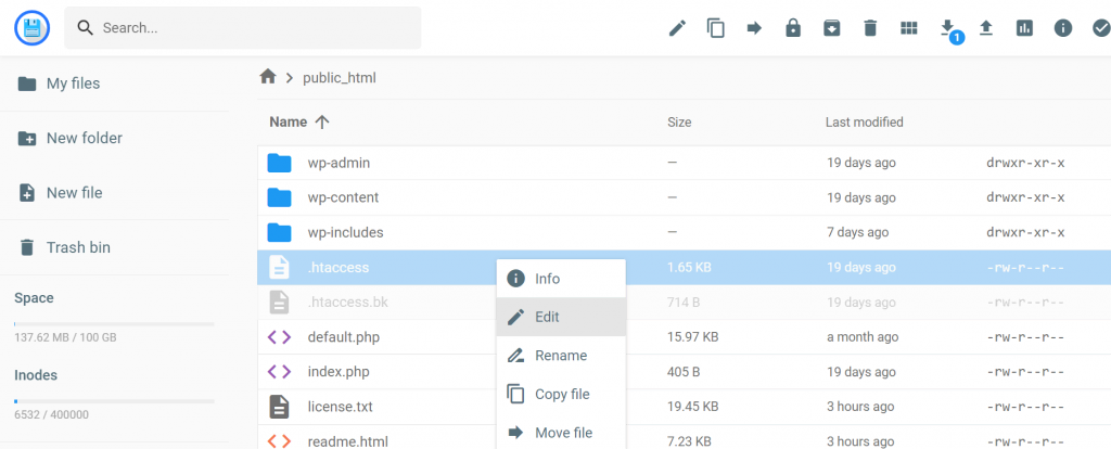 File Manager with the .htaccess file selected via right-click and the "Edit" option highlighted.