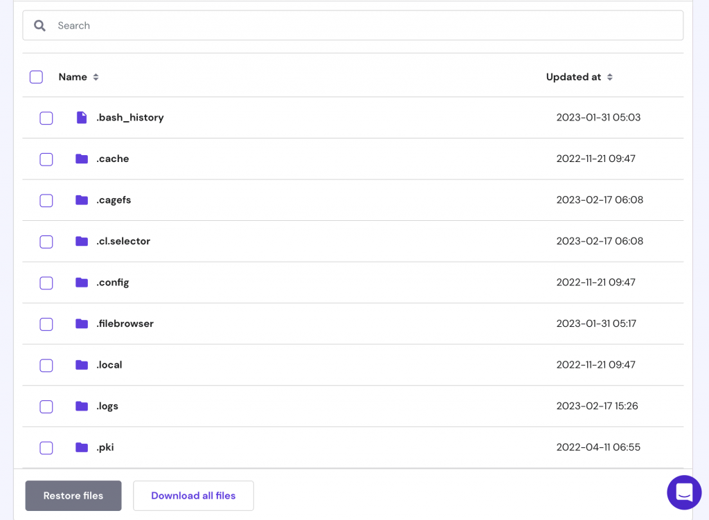 File backup with individual files in a list in hPanel