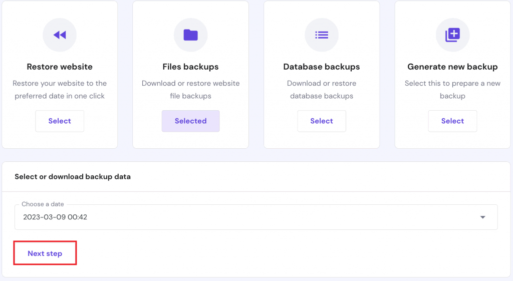 Screenshot from hPanel showing where to click to select Files Backups and the Next Step button.