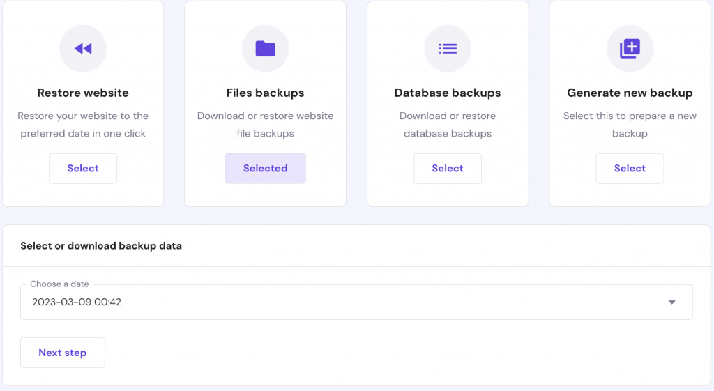 The backups section on hPanel. The file backups are selected