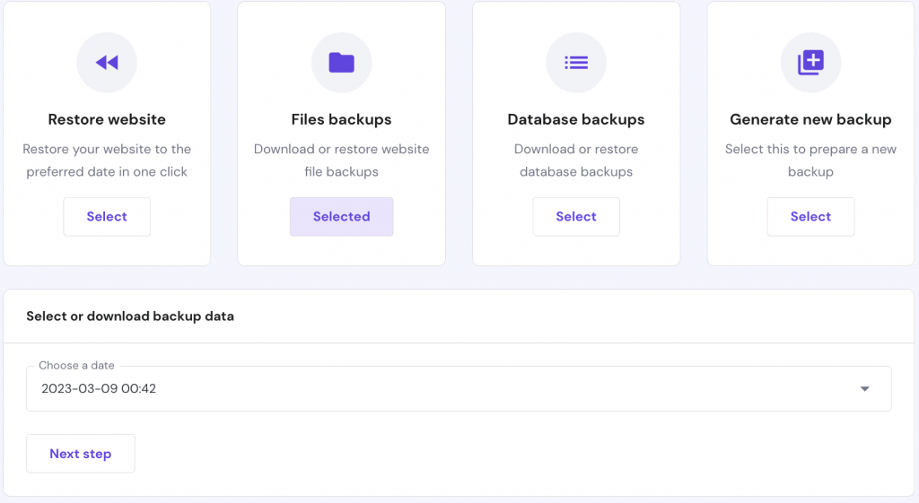 The Backups dashboard with the Files backup button selected