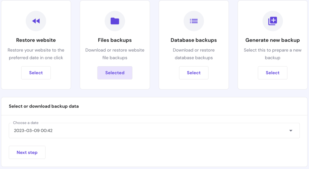 The Backups section on hPanel. Files backups button is selected