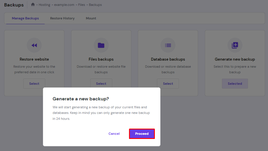 The Generate a new backup pop-up window on hPanel with the Proceed button highlighted