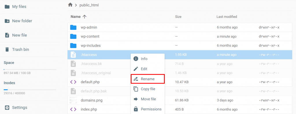 Renaming the .htaccess file on hPanel.