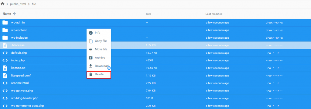 The public_html directory on hPanel's File Manager with the Delete option highlighted
