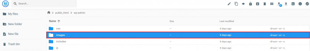 Images folder is highlighted in wp-admin folder.