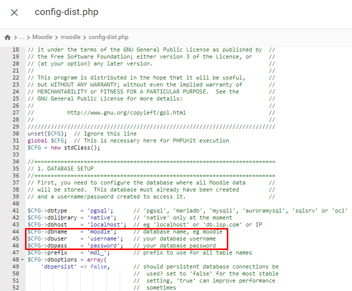 The config-dist file on public-html directory with the dbname, dbuser, and dbpass sections highlighted