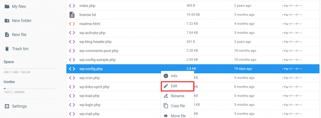 The File Manager on hPanel with the edit button for the wp-config.php file highlighted.