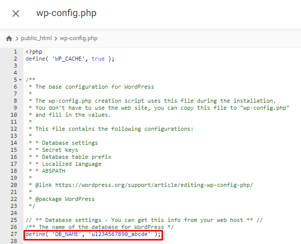 The wp-config.php file on hPanel's File Manager, highlighting the DB Name section