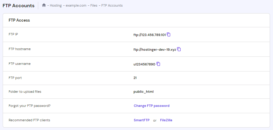 The FTP Accounts page on hPanel