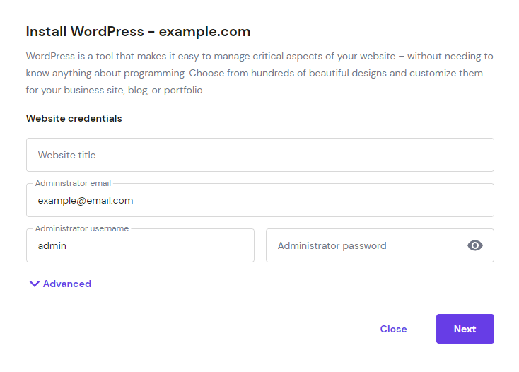 The Install WordPress popup on the hPanel