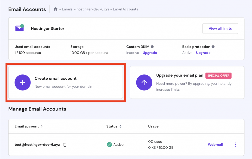 Individual email account dashboard in hPanel, with create a new email account button highlighted