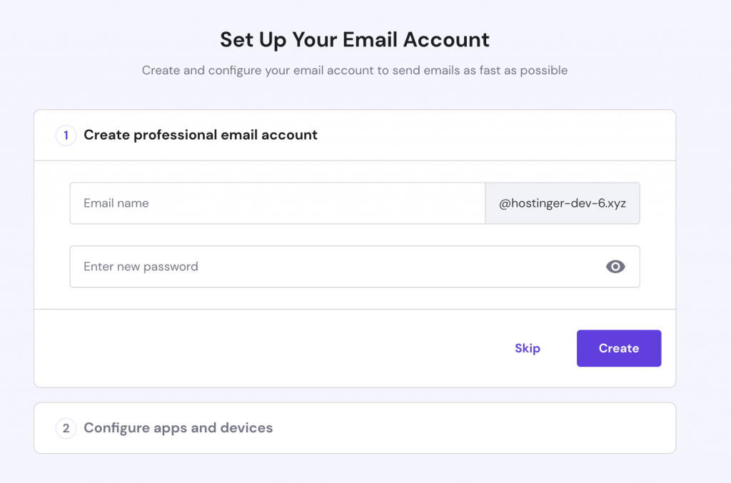 Set up a new email account pop-up in hPanel 