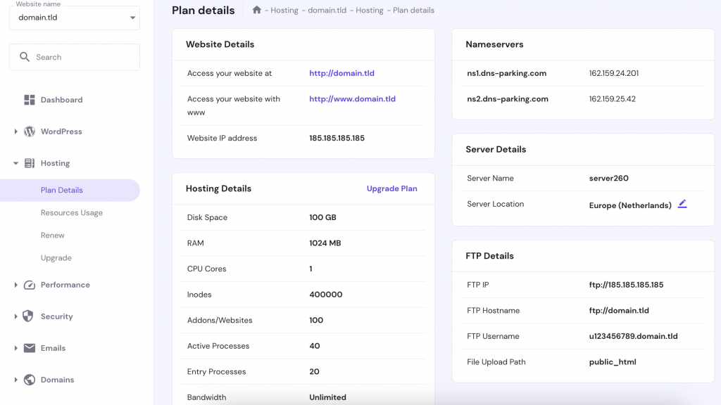 The Plan details page on hPanel