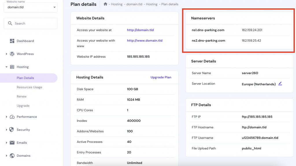 hPanel plan details view with nameservers section highlighted