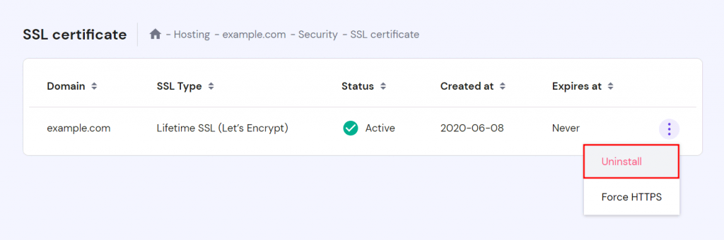 Uninstalling an SSL certificate on hPanel's security page