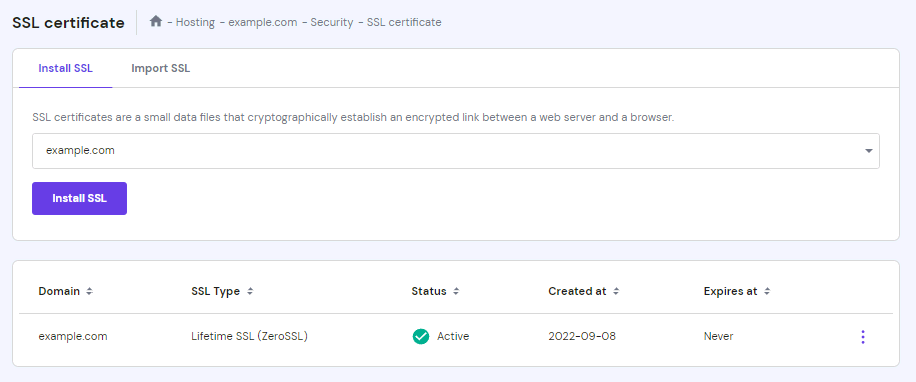The SSL configuration on hPanel's Security tab