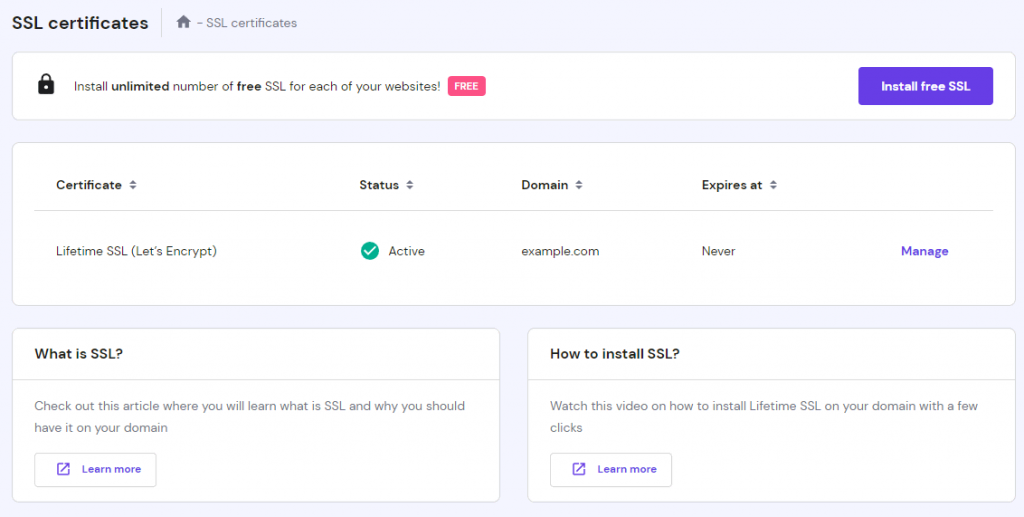 The SSL section on hPanel