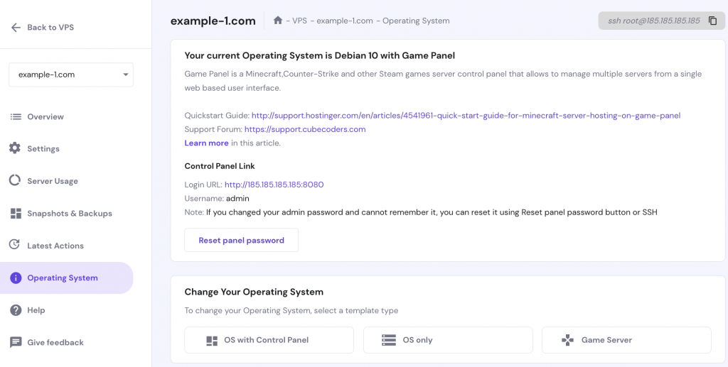The Operating System section on hPanel.