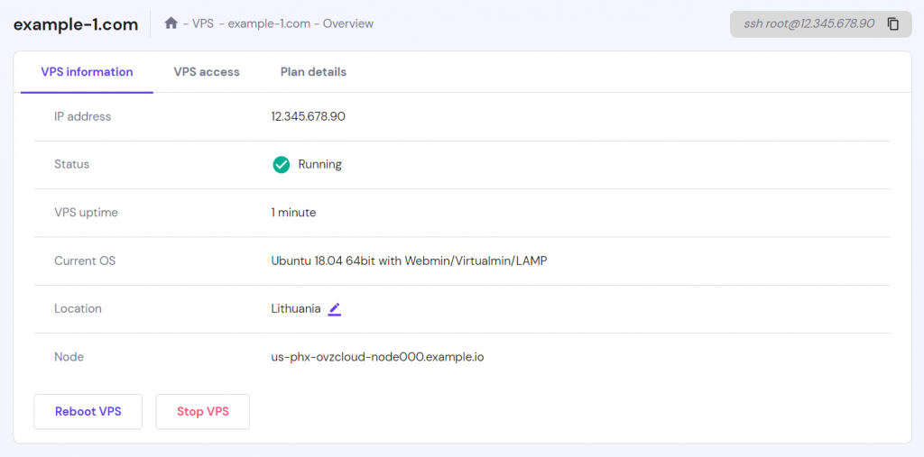 The VPS information tab in hPanel showing Webmin as the current OS