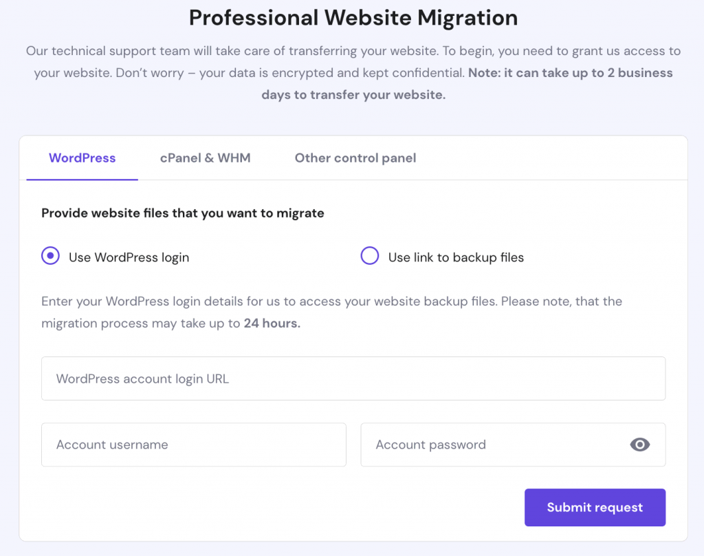 The Migration page on hPanel