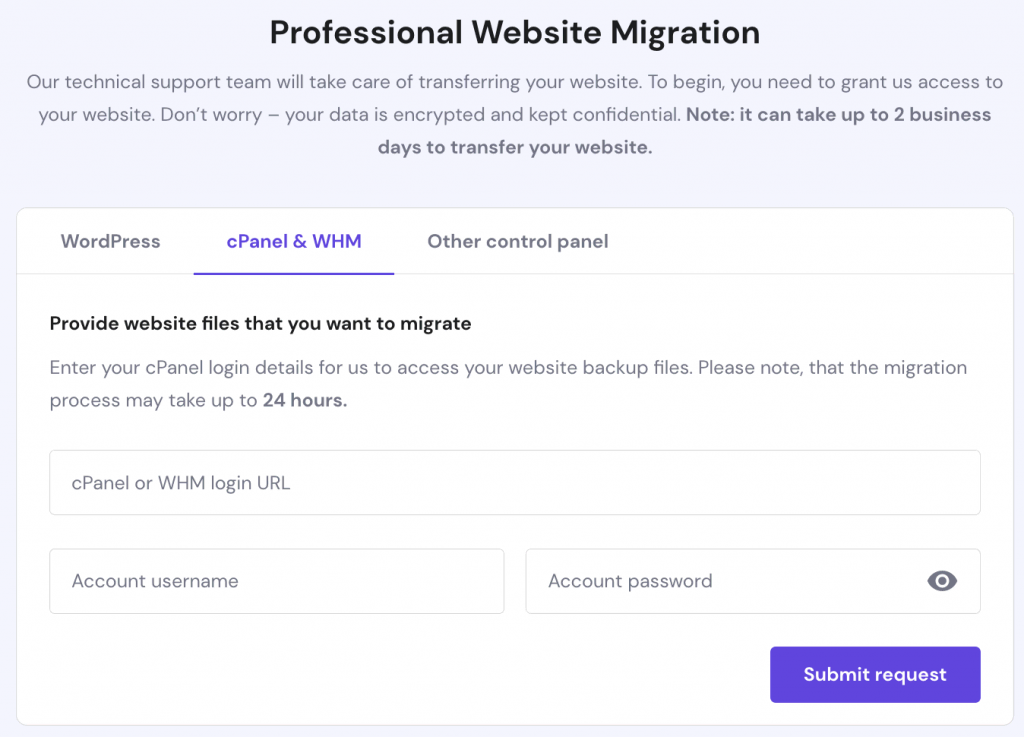 The Migration page on hPanel, cPanel tab is chosen