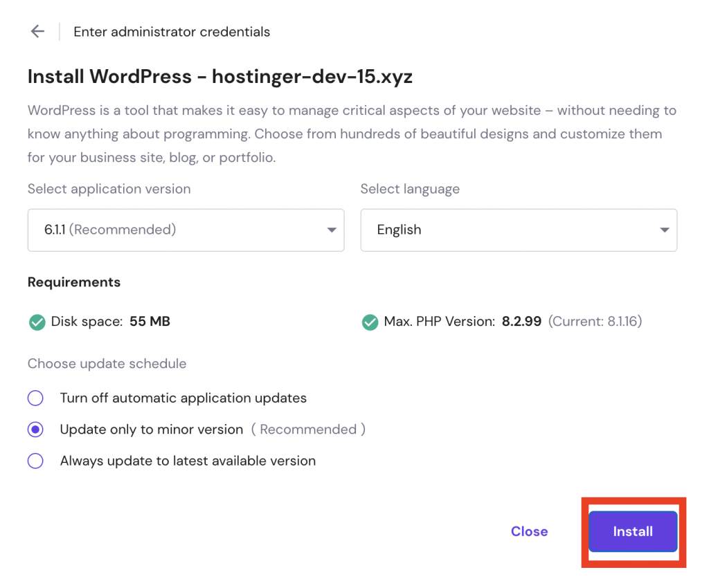 WordPress autoinstaller pop-up in hPanel