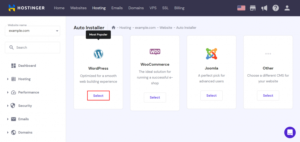 In the Auto Installer section of hPanel, the WordPress option has a highlighted "Select" button.