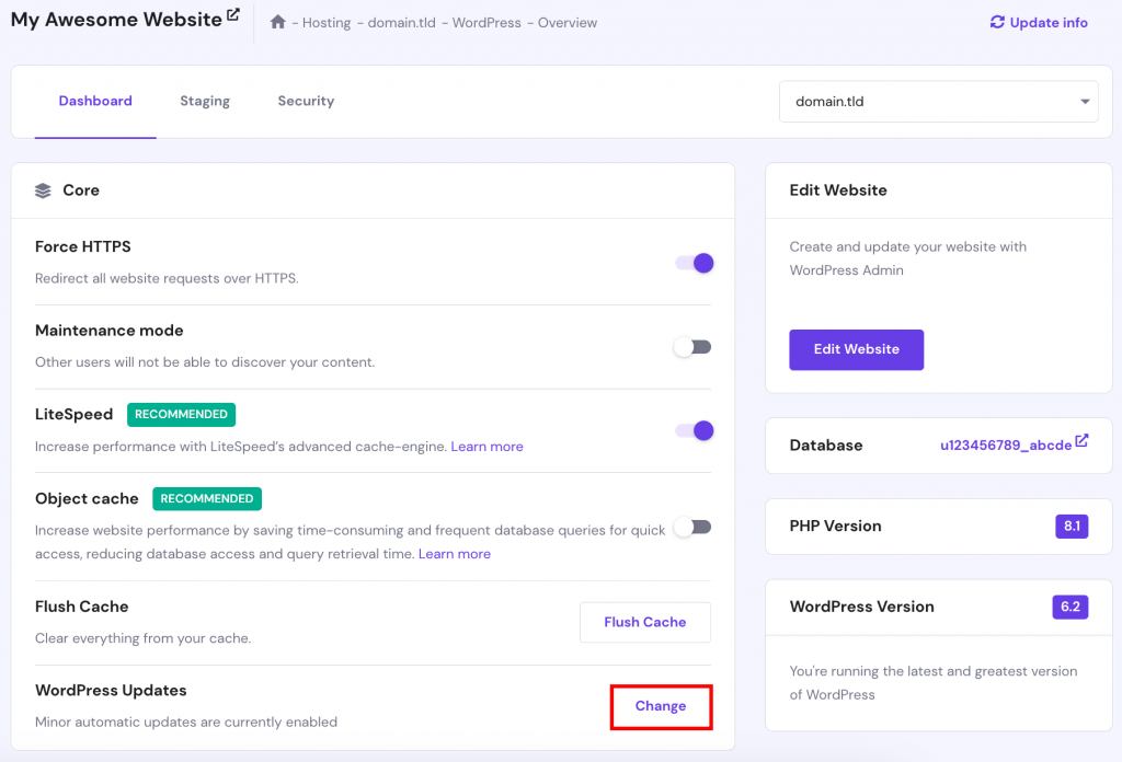 The WordPress dashboard in hPanel, the WordPress Updates section is highlighted.