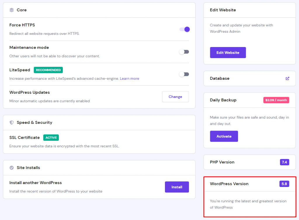 Wordpress overview on hPanel with the version box highlighted