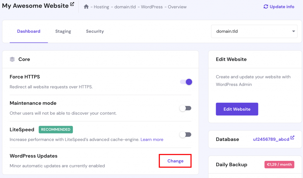 WordPress updates section on hPanel. The Change button is highlighted