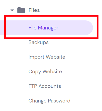 Hostinger's File Manager in the hPanel dashboard