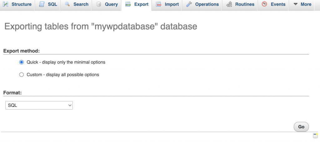 The Export section on phpMyAdmin