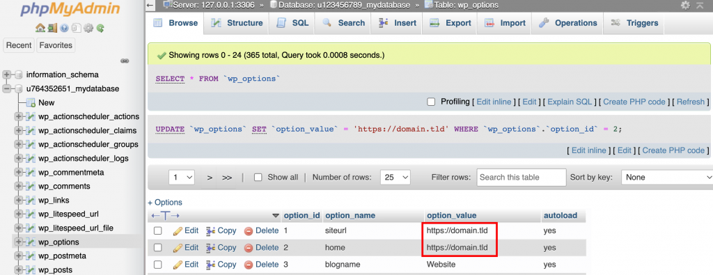 The wp_options table on phpMyAdmin. The siteurl and home values are highlighted
