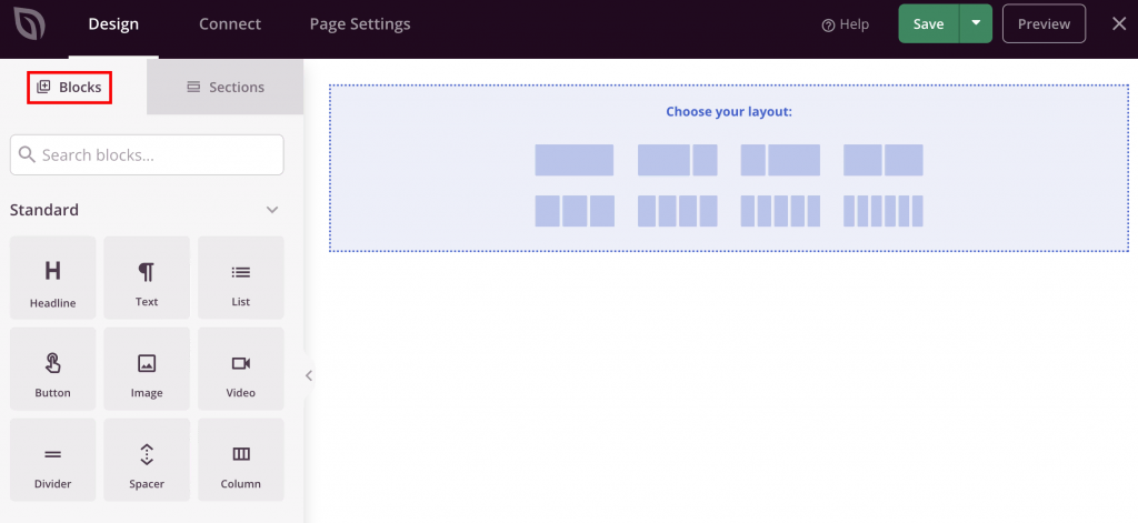 The Design tab in SeedProd that allows you to customize the pre-made template using blocks