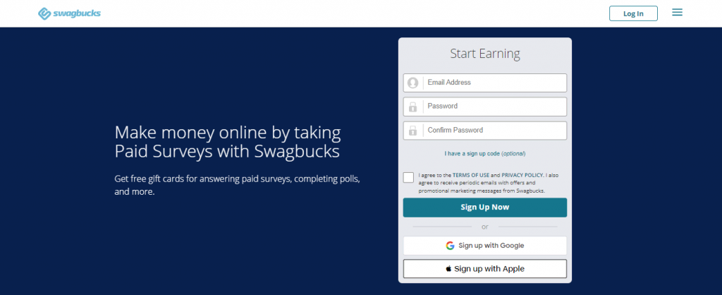 The Paid Surveys page on the Swagbucks website