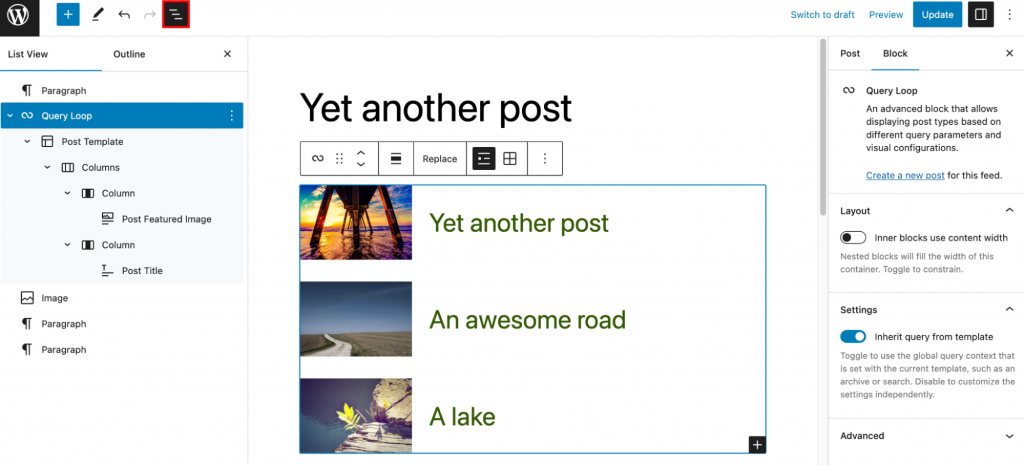 The view of the WordPress block editor with post titles visible. The Document Overview tool button is highlighted