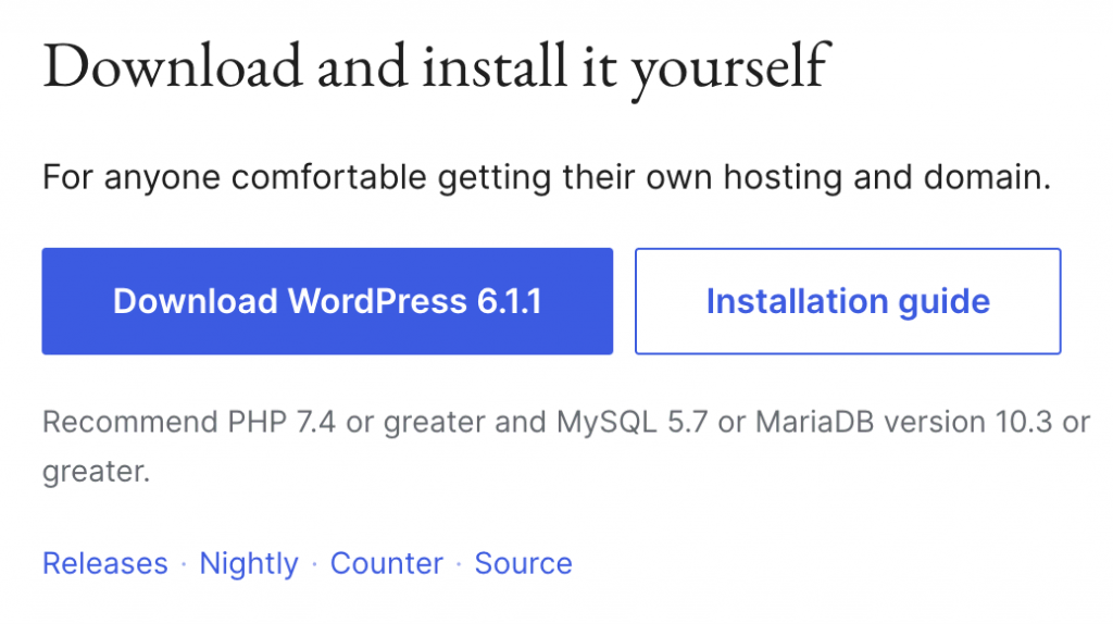 主頁中的WordPress 下載按鈕